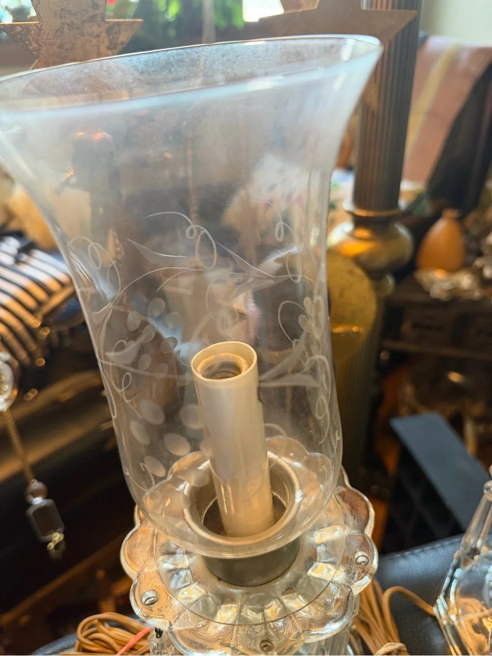 Antique Crystal Hurricane Table Lamps with Etched Shades & Crystal Prisms